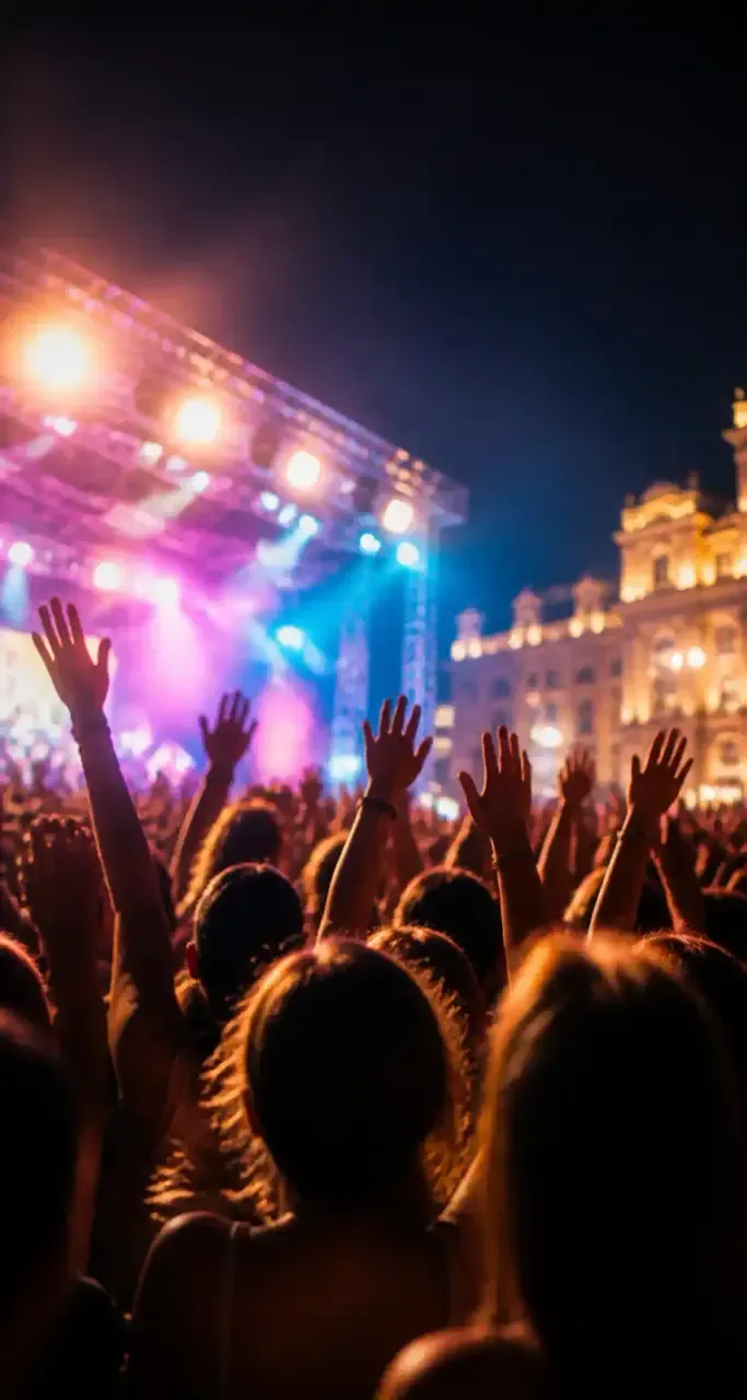 Concert en plein air à Montpellier, foule un soir d'été