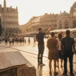 Montpellier visites guidées : guide local tient un groupe près de la Place de la Comédie