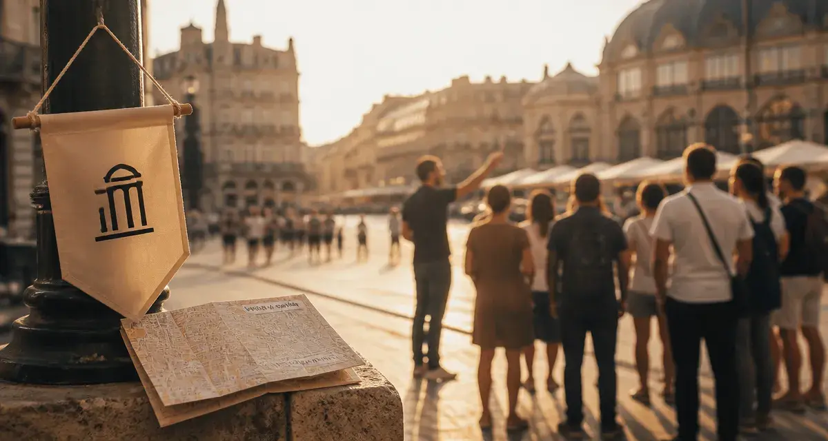 Montpellier visites guidées : guide local tient un groupe près de la Place de la Comédie