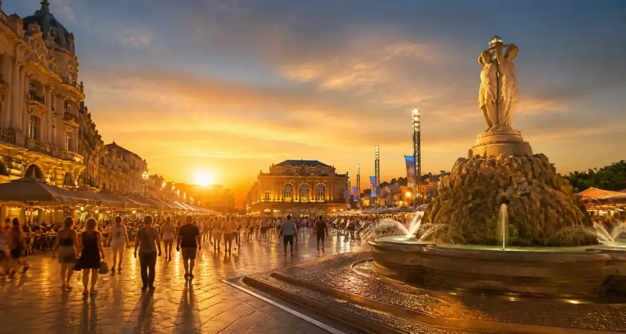 Place de la Comédie à Montpellier au coucher du soleil, terrasses animées