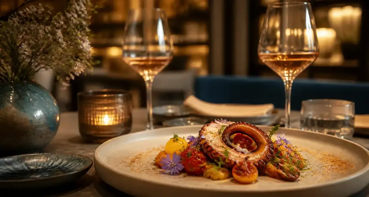 Table de restaurant à Montpellier, assiette et verre de vin rosé