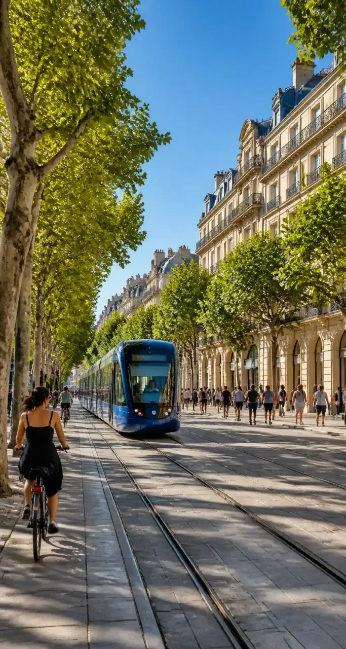 Tramway sous les platanes d'une avenue à Montpellier